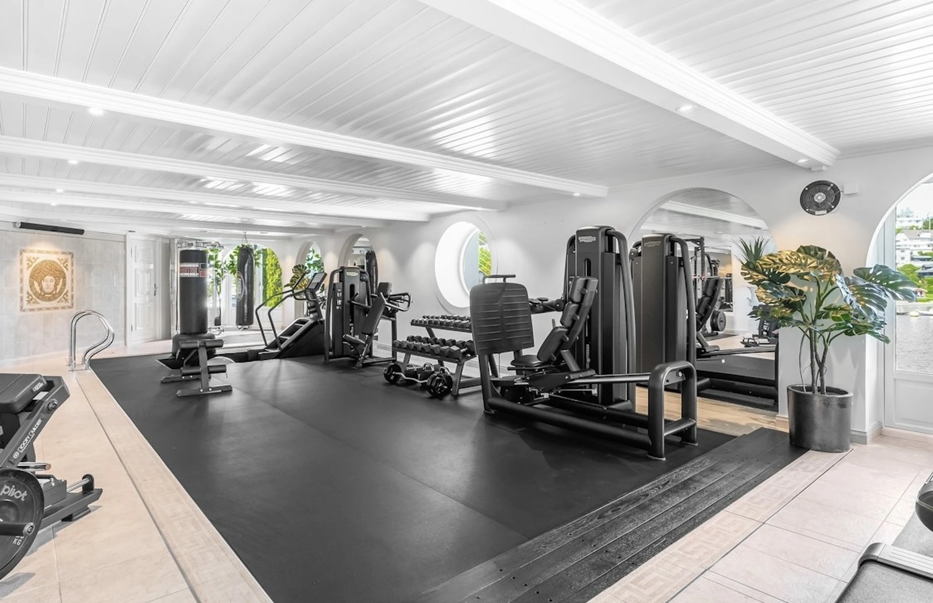 Comprehensive gym with professional equipment and arched architecture