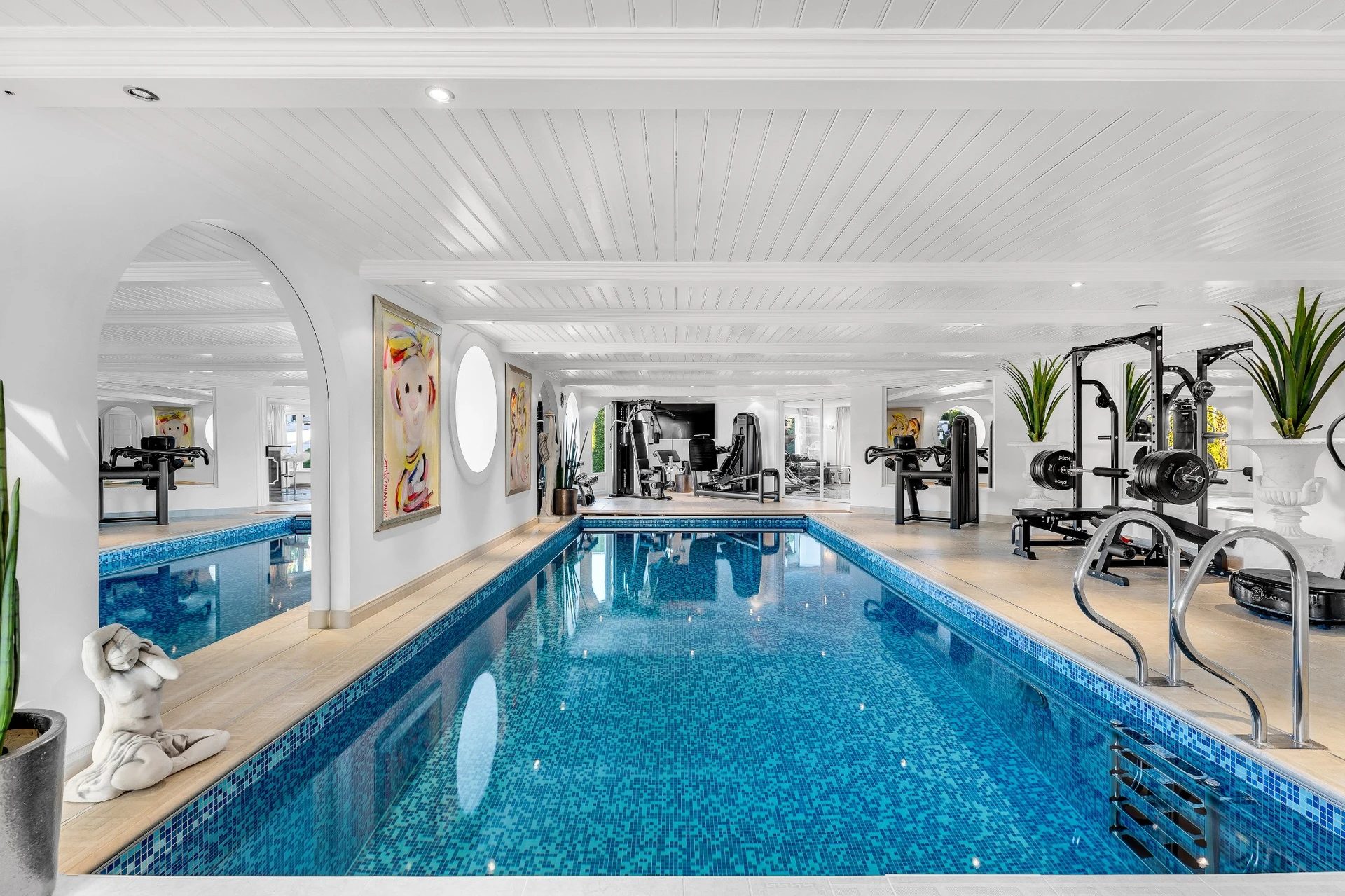 Indoor counter-current swimming pool and gym with professional equipment