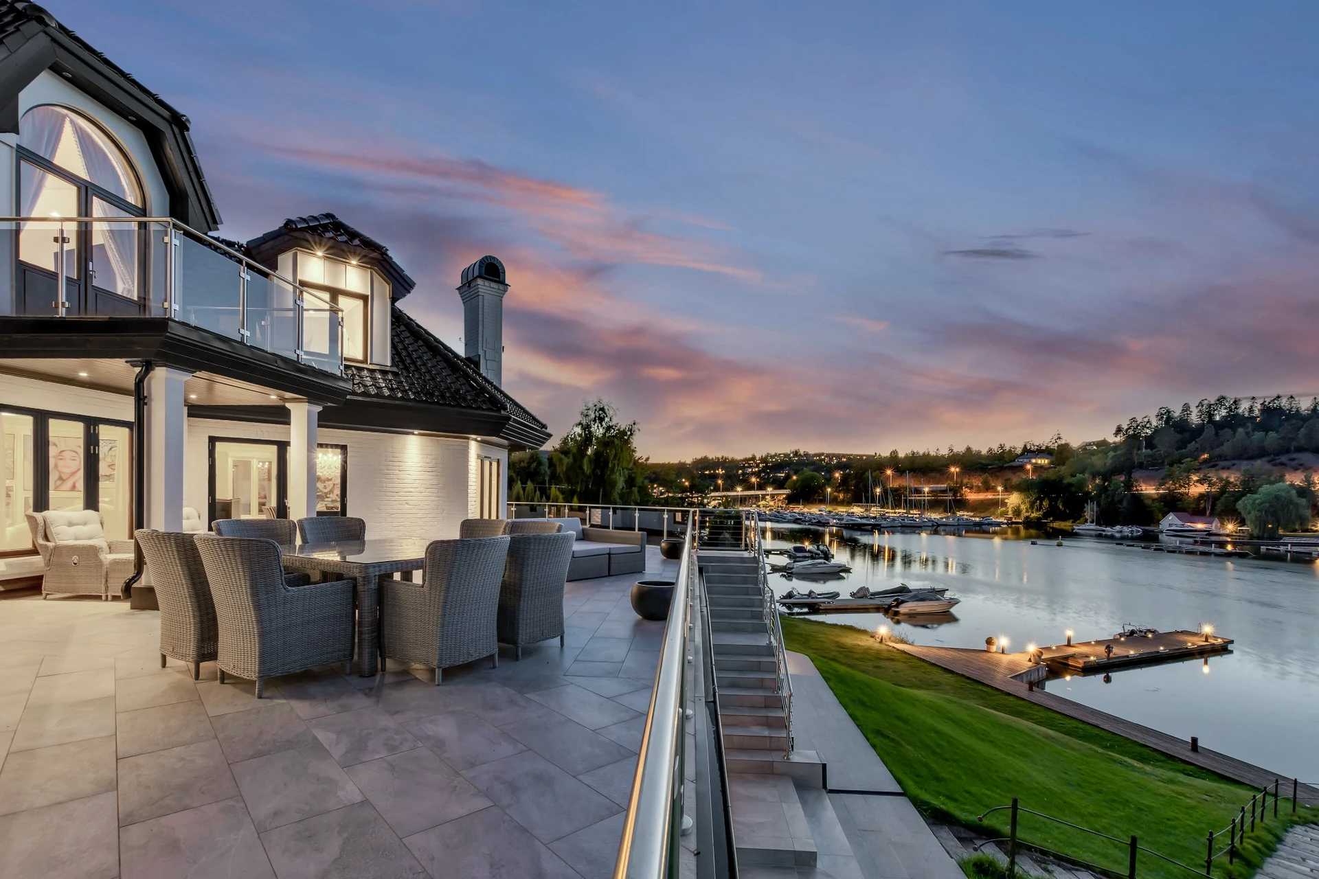 Luxury terrace with direct marina access and sunset views